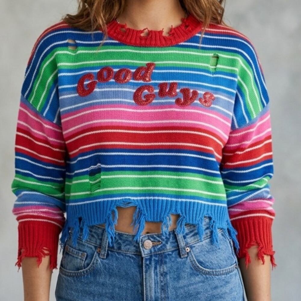Reworked Chucky Good Guys Crop Sweater Distressed Custom Cut Striped Horror
XS
